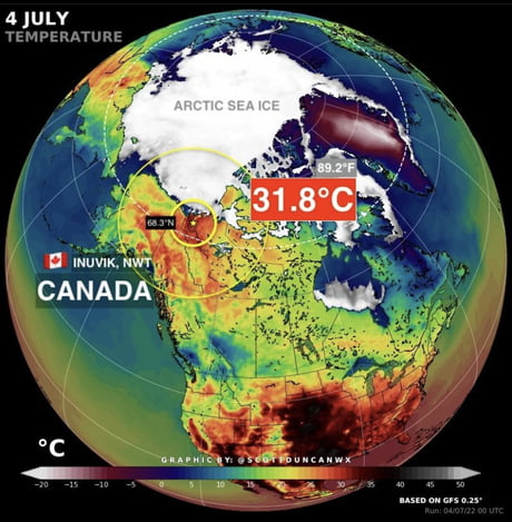 32 degrees C (90 F) recorded in Inuvik, NWT, Canada last week. That town is well inside the Arctic circle and near the Arctic Ocean…