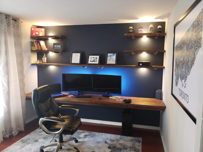 Diy desk and shelves with built in hidden cable management in the desk