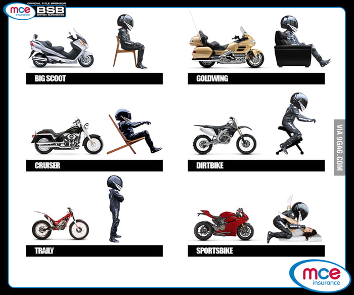 Guide to seating positions on motorcycles 9GAG