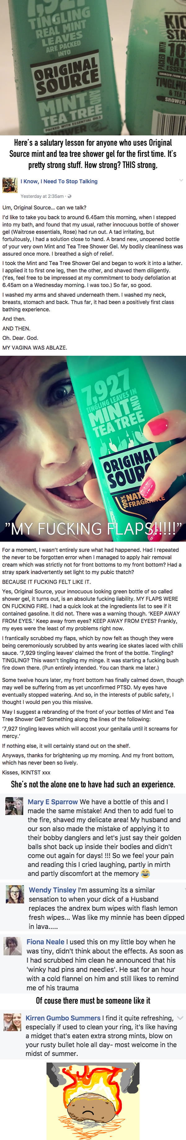 Woman’s hilarious ‘flaps on fire’ rant goes viral after using Original Source mint shower gel