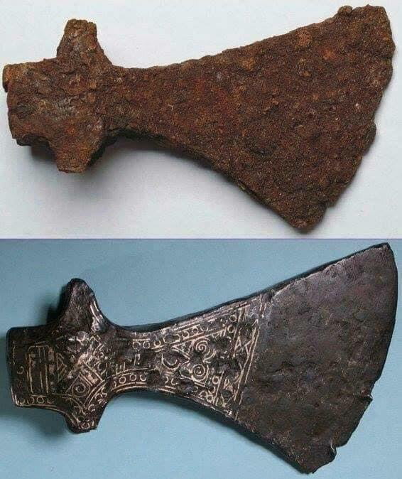 A 1,000-year-old Viking battle axe, before and after restoration.