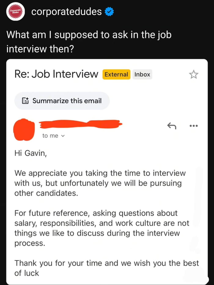 What exactly are we supposed to ask in a job interview if not about salary, responsibilities, or work culture? This email is a masterclass in corporate absurdity.