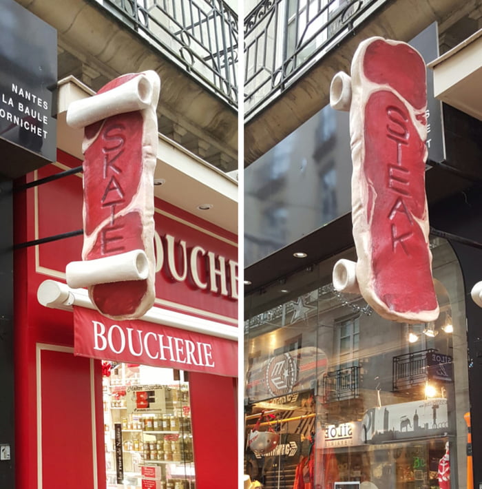 A Skate Shop &amp; a Butchershop are located next to each other. They share one sign.