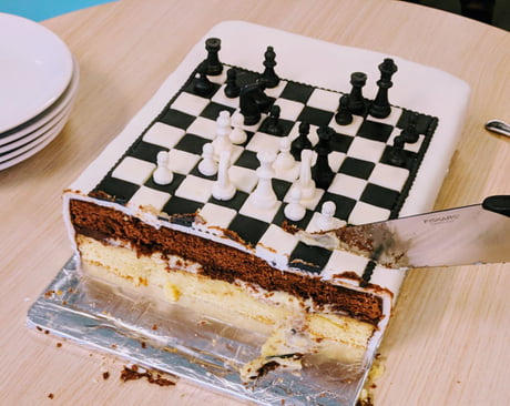 Chess Birthday cake fondat with edible chocolate chess pieces from  Irresistible Cakes Mississauga