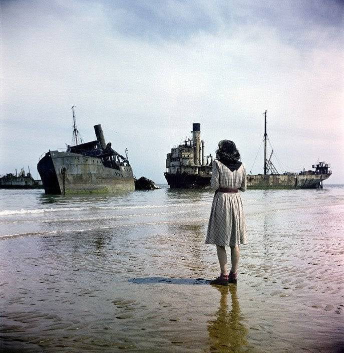 Omaha Beach, Normandy, France, 1947. Still scarred from the D-Day landings.