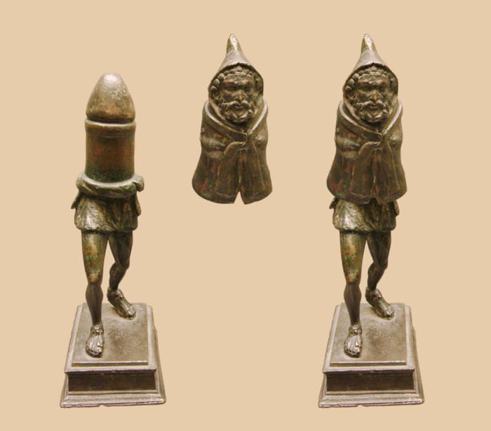 This is a bronze statuette possibly of the Roman fertility god Priapus, made in two parts. This upper section is detachable and conceals a phallus. Late 1st century C.E. Picardy, France