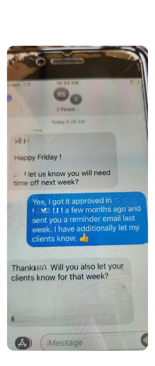 Names erased but this is real. Early morning conversation with my boss