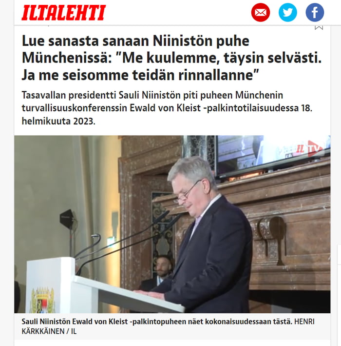 President of Finland, Sauli Niinistö today at München, gave his ...