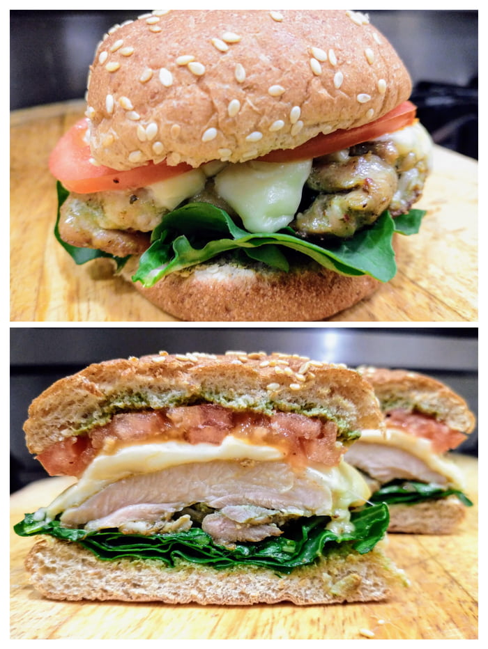 Grilled Chicken Sandwich (with Provolone Cheese, Tomato, Arugula, and Pesto Sauce). 9GAG