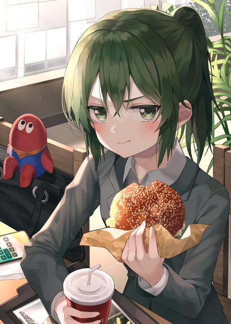 Anime girl, hamburger, eating, moe, brown hair, fast food, cute, Anime, HD  phone wallpaper | Peakpx