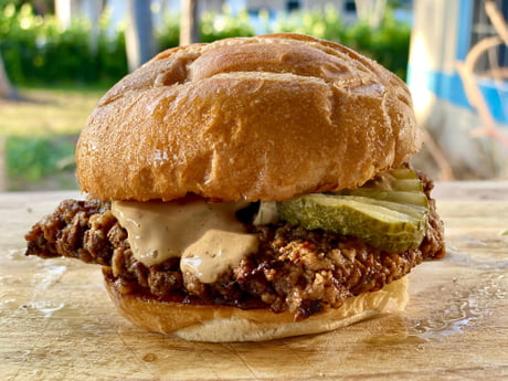 Chicken Fried Steak Sandwich Miso Gravy Mayo Red Pepper Bacon Jam Dill Pickles 9gag