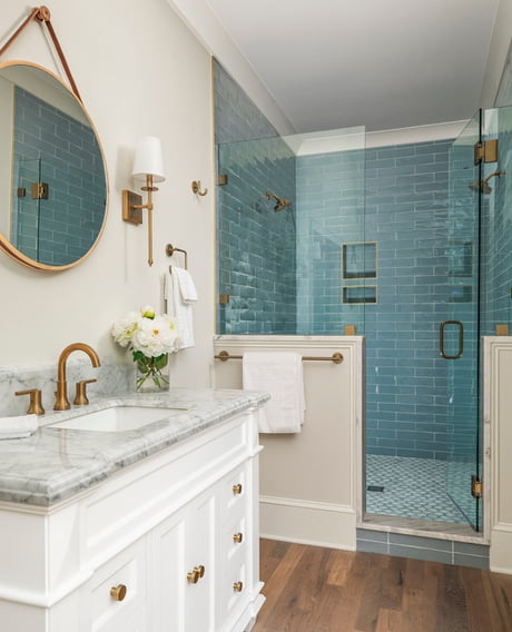 Shower With Blue Glass Subway Tiles, Tile Charlotte Nc