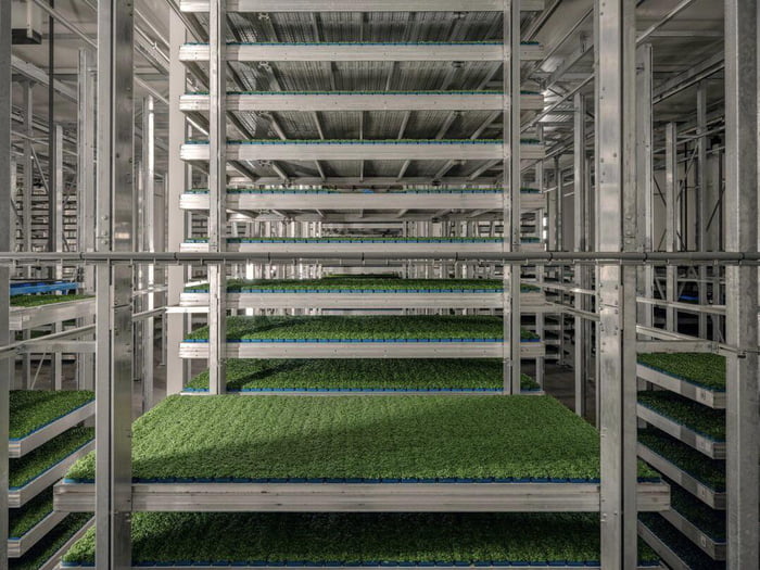 Climate-controlled greenhouses can grow any kind of crop, in any kind of weather, any time of year. Each indoor acre can yield as much as ten times as much produce as an outdoor acre. This operation uses 95% less water and uses 97% less chemicals (pesticides etc).