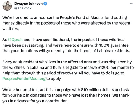 Oprah and I are honored to announce the People's Fund of Maui, a