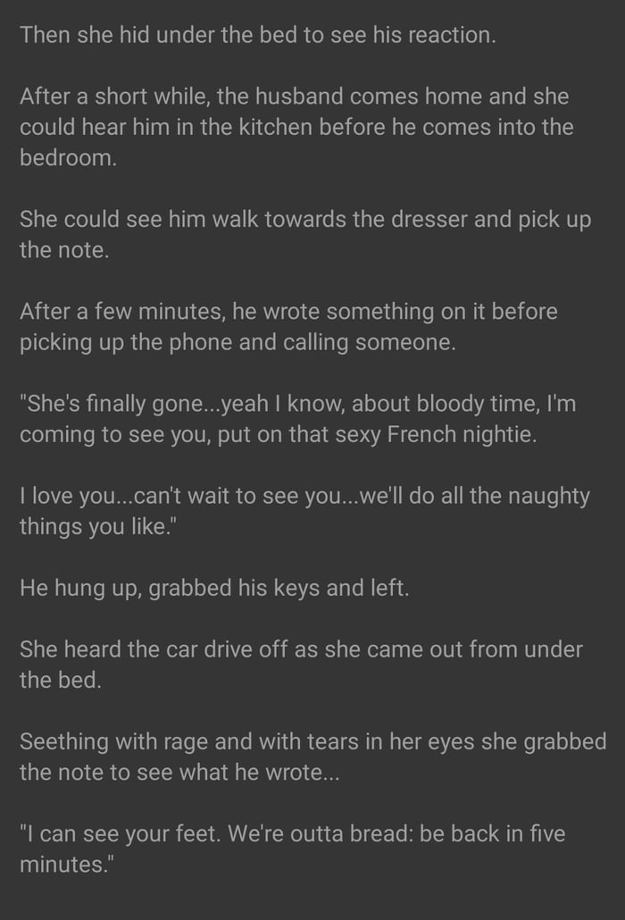 A woman, cranky because her husband was late coming home again, decided ...