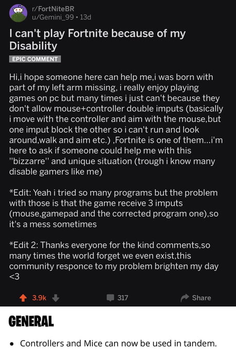 Game Developer Epic Games Fortnite Changes Game To Allow Multiple Inputs Via Request From Disabled Gamer True Class 9gag