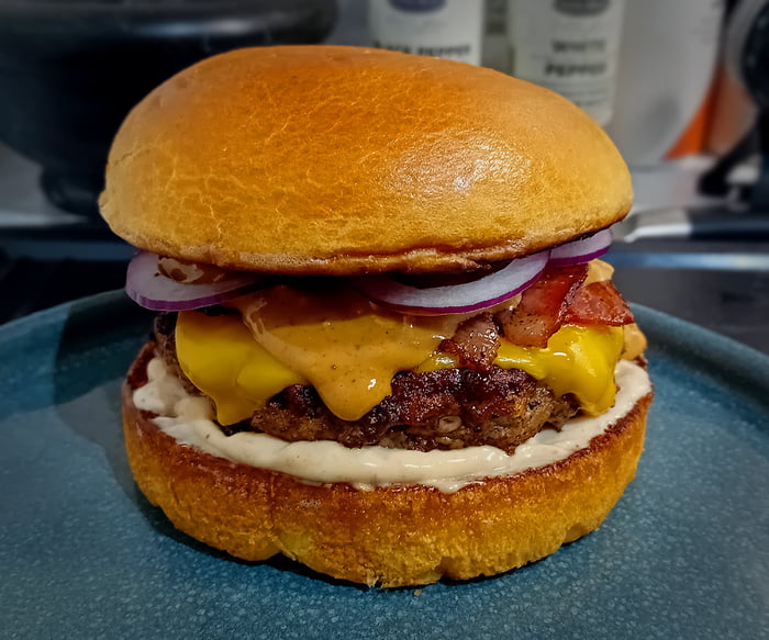 Burger with cheddar, chipotle mayo, peanut butter, red onion and maple ...