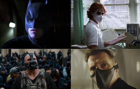 In the Dark Knight trilogy, the main villain in each film appears with a  mask that is the direct opposite of Batman's. - 9GAG