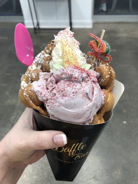 Salty Unicorn Bubble Waffle Cone With Raspberry Chocolate Ice Cream And Rainbow Garnish 9gag
