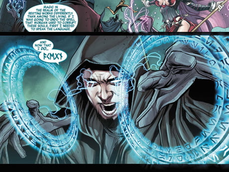 In avengers world # 14 (2014) The characters used to represent Sebastian Druid casting magic in the language of the dead is Aurebesh, The alphabet from the Star Wars universe