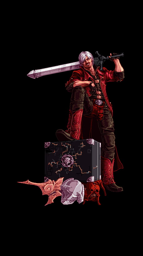 Pixel art of dante from devil may cry in battle stance