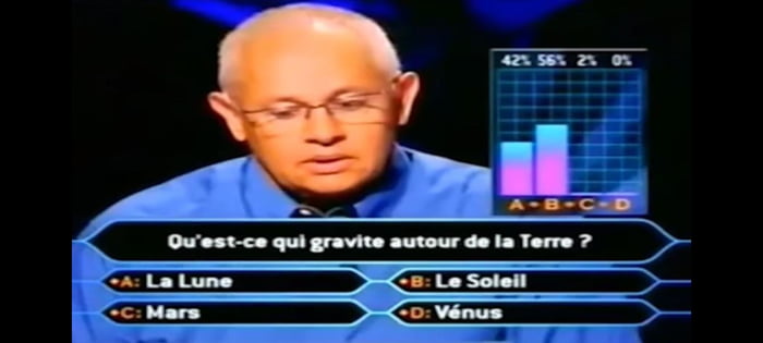 Who wants be millionaire, French edition. "what revolves around the earth". A- Moon B- Sun C- Mars D- Venus Candidate ask for public support 56% vote for the Sun I will never make fun of Americans anymore