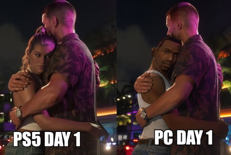 A side-by-side meme comparing the upcoming GTA 6 trailer footage. The left side shows the original female protagonist from the GTA 6 trailer, labeled 'PS5 DAY 1', while the right side replaces her with the iconic character CJ from GTA San Andreas, labeled 'PC DAY 1'. This is a humorous take on the long-standing gaming culture joke about PC modders immediately altering game files upon release, often to insert classic characters like CJ into new game environments.