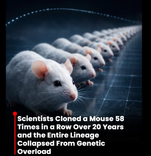 Researchers at Japan's University of Yamanashi spent 20 years serially cloning over 1,200 mice from one donor. The first 25 generations seemed healthy, but from generation 27, birth rates dropped and mutations accumulated rapidly. By generation 57, only 0.6% survived