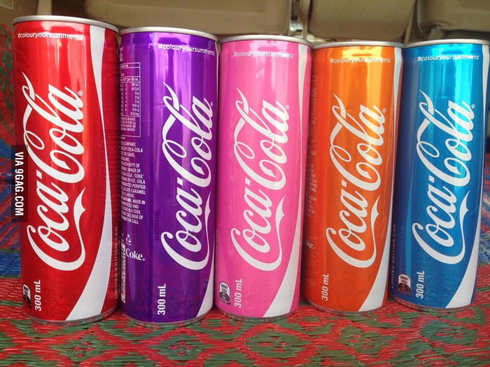 Purple,pink,orange, and blue coke sold in Cambodia. 9GAG