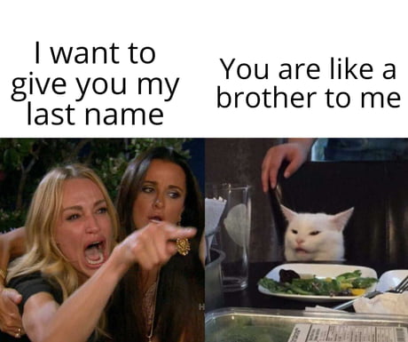 Siblings have the same last name. woman yelling at a cat meme boredbat boredbat.com