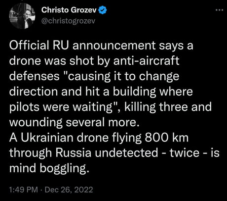 Only Russians could announce such a fail cope. Great News comrades, we totally shot down an enemy drone! Also 3—6 of our irreplaceable pilots are dead.