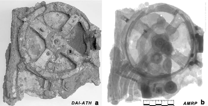 An X-Ray of the Greek Antikythera Mechanism, which shows the gears inside. It is the world's oldest analogue computer, made 2000+ years ago.