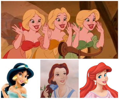 Just Realized That The Blonde Triplets In The Animated Beauty And The Beast Had The Same Hair Styles As Disney S 3 Main Female Leads 9gag