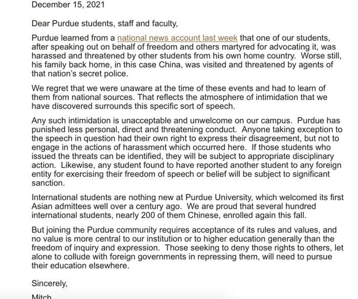 A chinese student in Purdue University (USA) called out the Tianamen massacre. His parents in china were threatened by the CCP, and he was harassed by other chinese students in the University. The following letter was released by the Uni President.