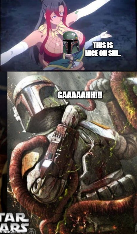 If boba fett was in the konosuba movie and was in kazuma's place in  sylvia's breasts he would have ptsd because of the tentacles ( click on  post to see meme maybe