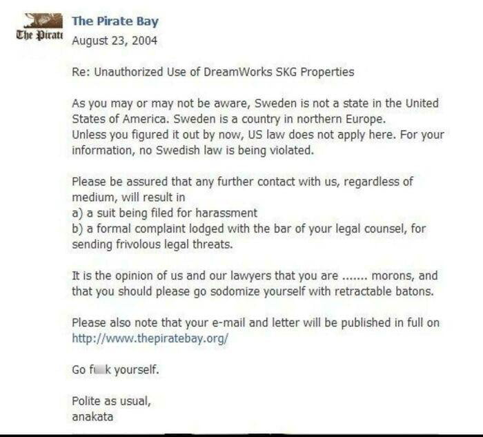 Pirate Bay Response To Legal Threat From Dreamworks