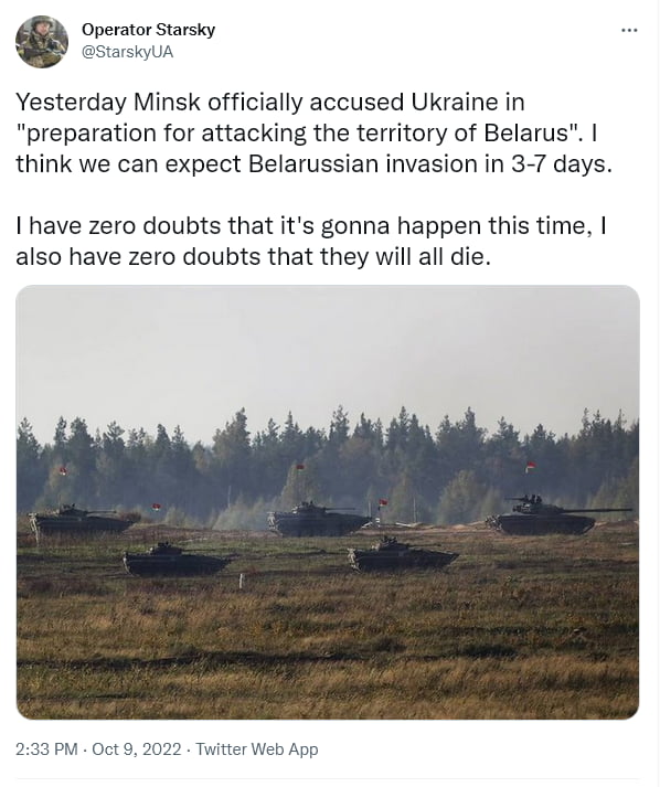 The RU-Belarus war treaty says that an attack on RU automatically means that Belarus will be involved in the war. Putin is putting maximum pressure on Lukashenko. There are rumours that if Lukashenko allows it, his own army will overthrow him. Dilemma.