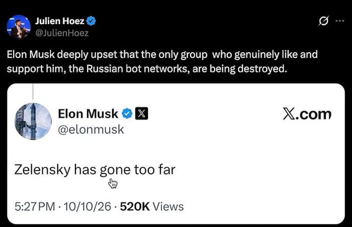 Poor Elon is Upset that Zelensky Blew Up his Fan Base
