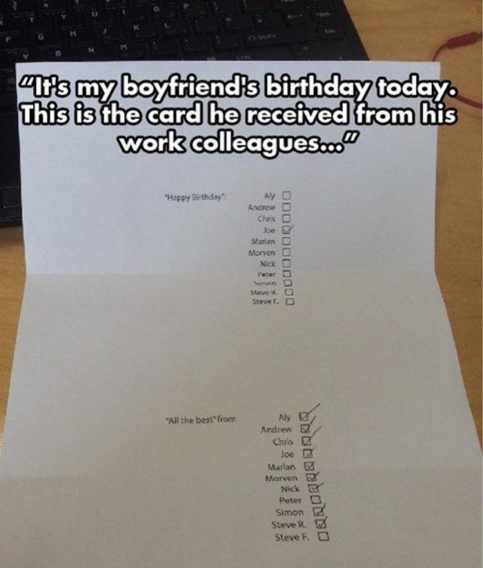 Birthday card receiver from work colleagues