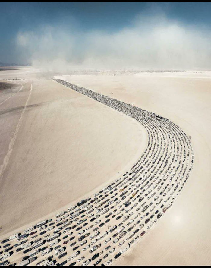 14 lanes of barely crawling traffic leaving Burning Man. 9GAG