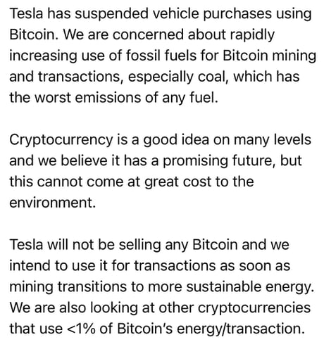 Elon Musk Says Tesla Will Stop Accepting Bitcoin For Car Purchases Citing Environmental Concerns 9gag