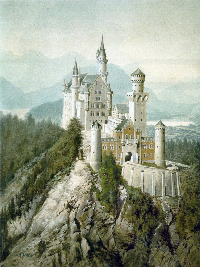 Magnificent watercolor of Schloss Neuschwanstein by a famous artist