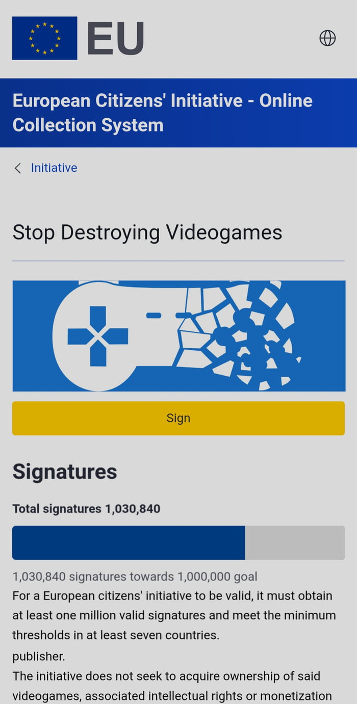 Stop Killing Games reached the 1 million signatures target