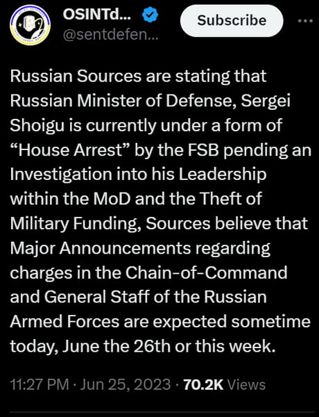 BREAKING NEWS: Sergei Shoigu under house arrest