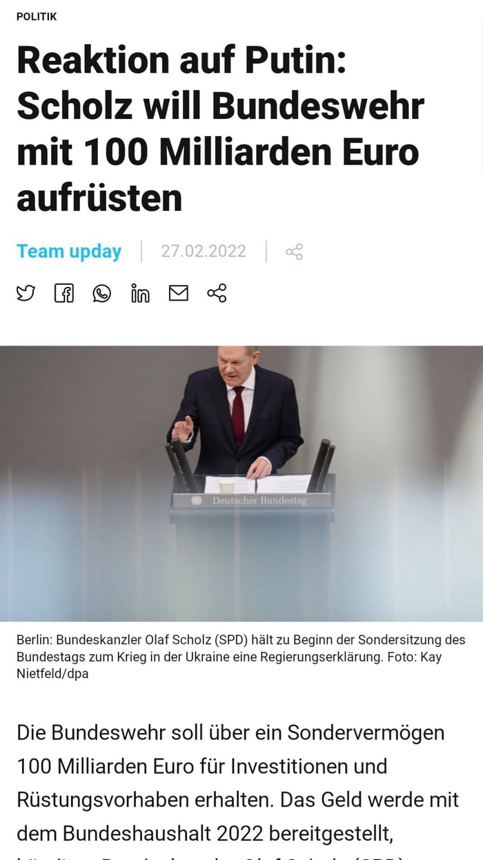 Scholz Just Announced To Arm The German Military Up To 100 Billions As ...