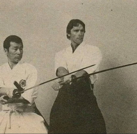 Arnold Schwarzenegger training sword techniques in 1981 by Karate