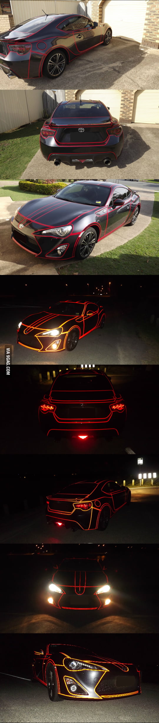 Guy puts reflective vinyl tape on the panels of his car to make a Tron