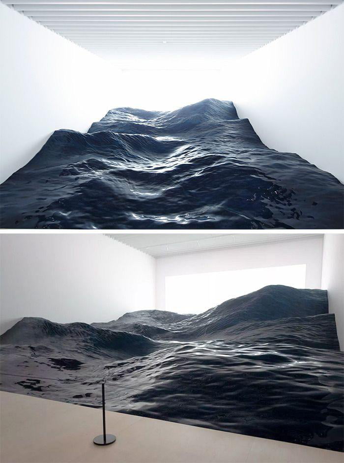 Hyperrealist art installation of ocean waves