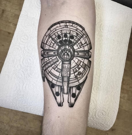 Megan Massacre  Not by me Very cool illustrated millennium falcon tattoo  by gritnglory artist janicedanger  Email her at  janicedangeryahoocom for tattoo appointments starwars  milleniumfalcon starwarstattoo  Facebook