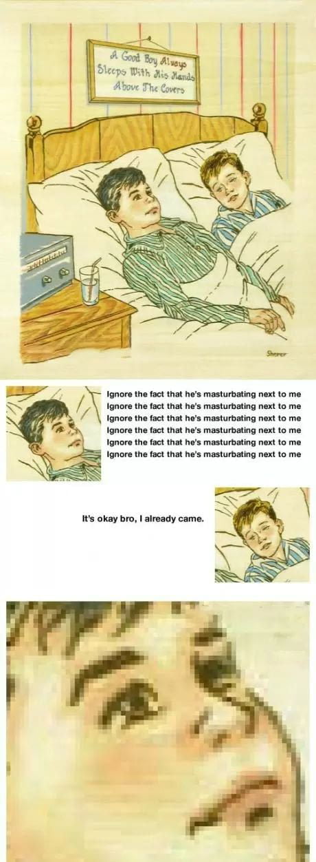 A good boy always sleeps with his hands above the covers